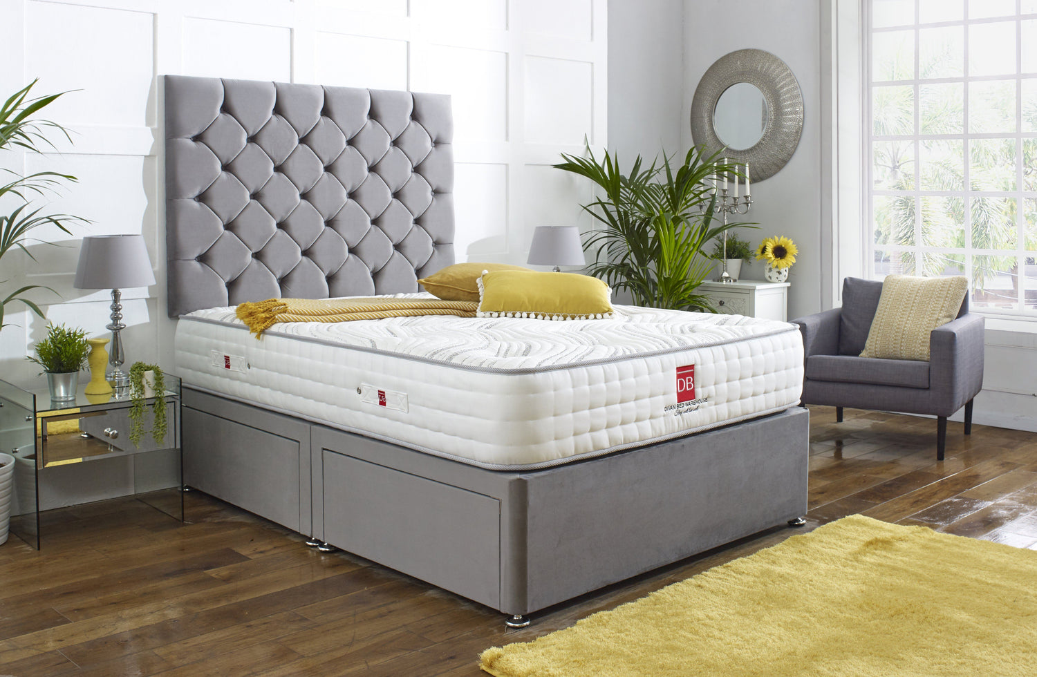 Royal chester divan bed set with tall button headboard